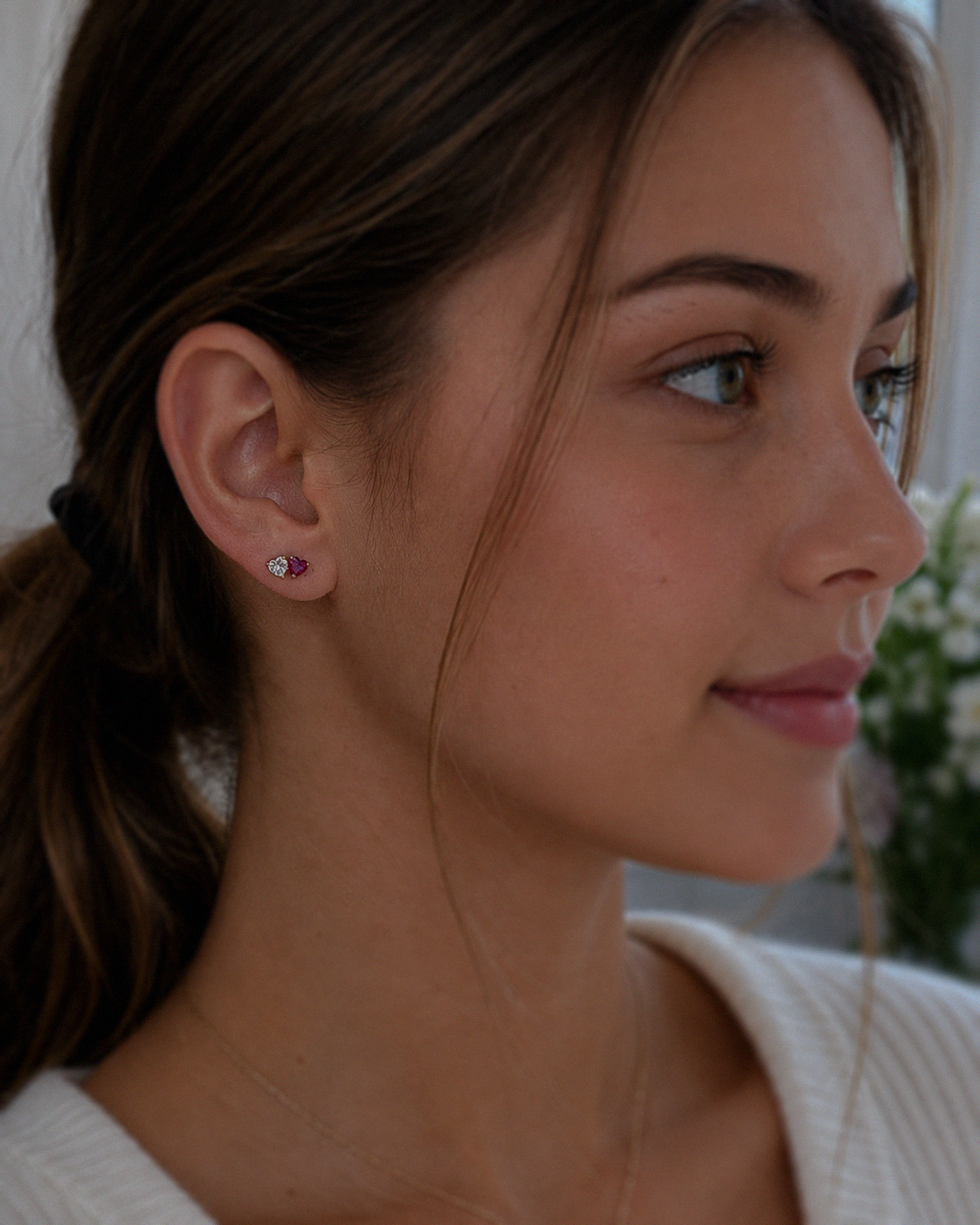 9ct Yellow Gold Toi et Moi Heart Stud Earrings – Rhodolite Garnet & White Topaz