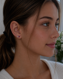 9ct Yellow Gold Toi et Moi Heart Stud Earrings – Rhodolite Garnet & White Topaz