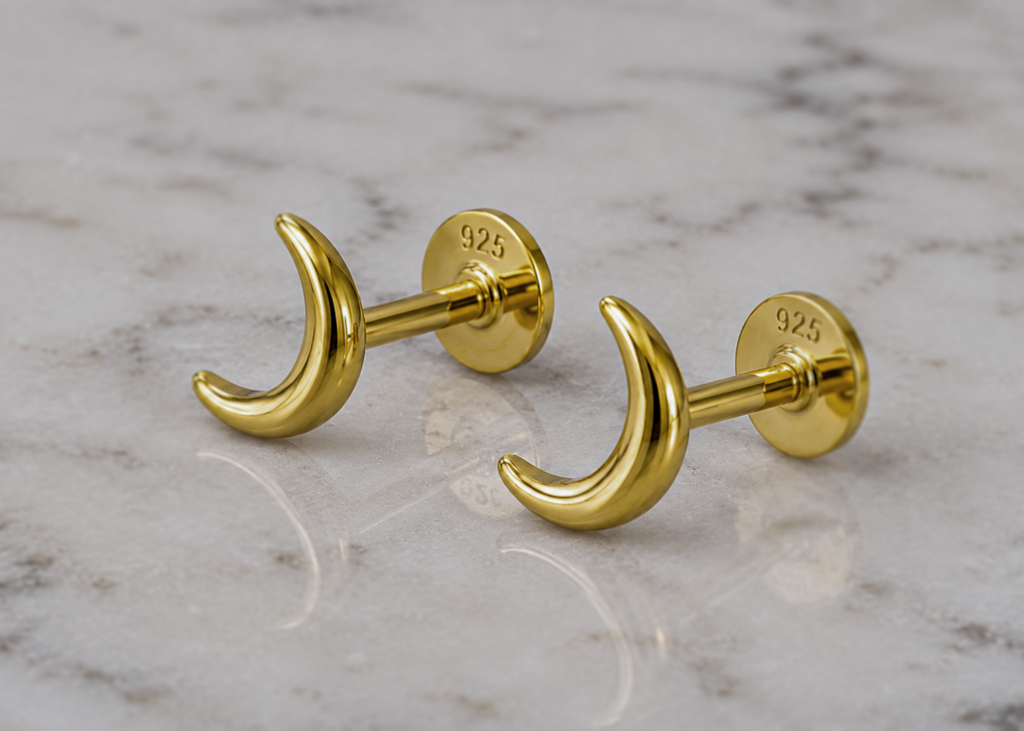 Sterling Silver Crescent Moon Labret Stud Earrings – Pair