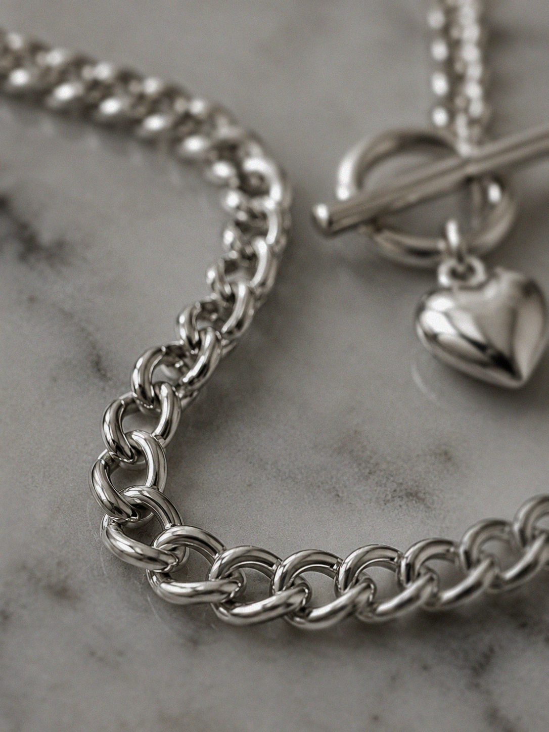Sterling Silver Puff Heart T-Bar Chain Necklace