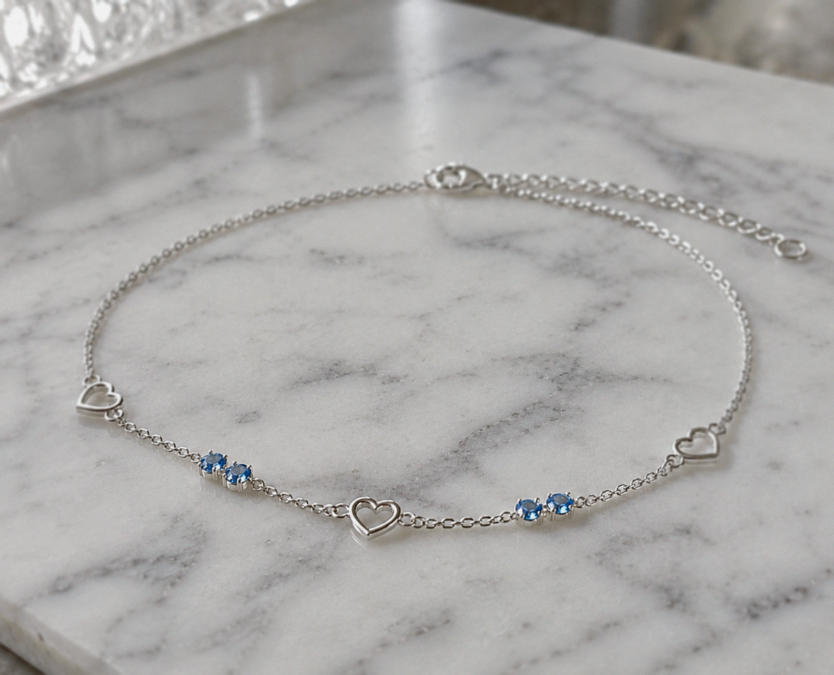 Sterling Silver Blue Crystal and Heart Anklet