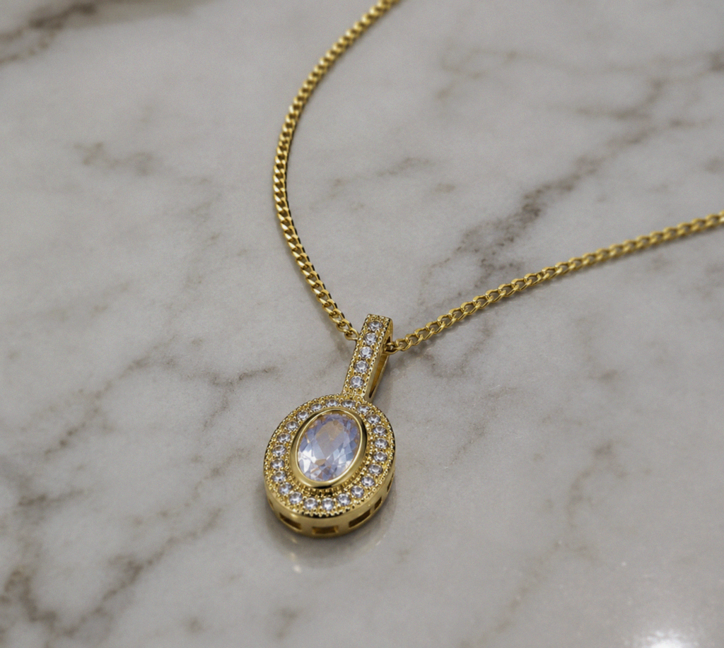 9ct Yellow Gold Blue Moonstone & White Topaz Necklace