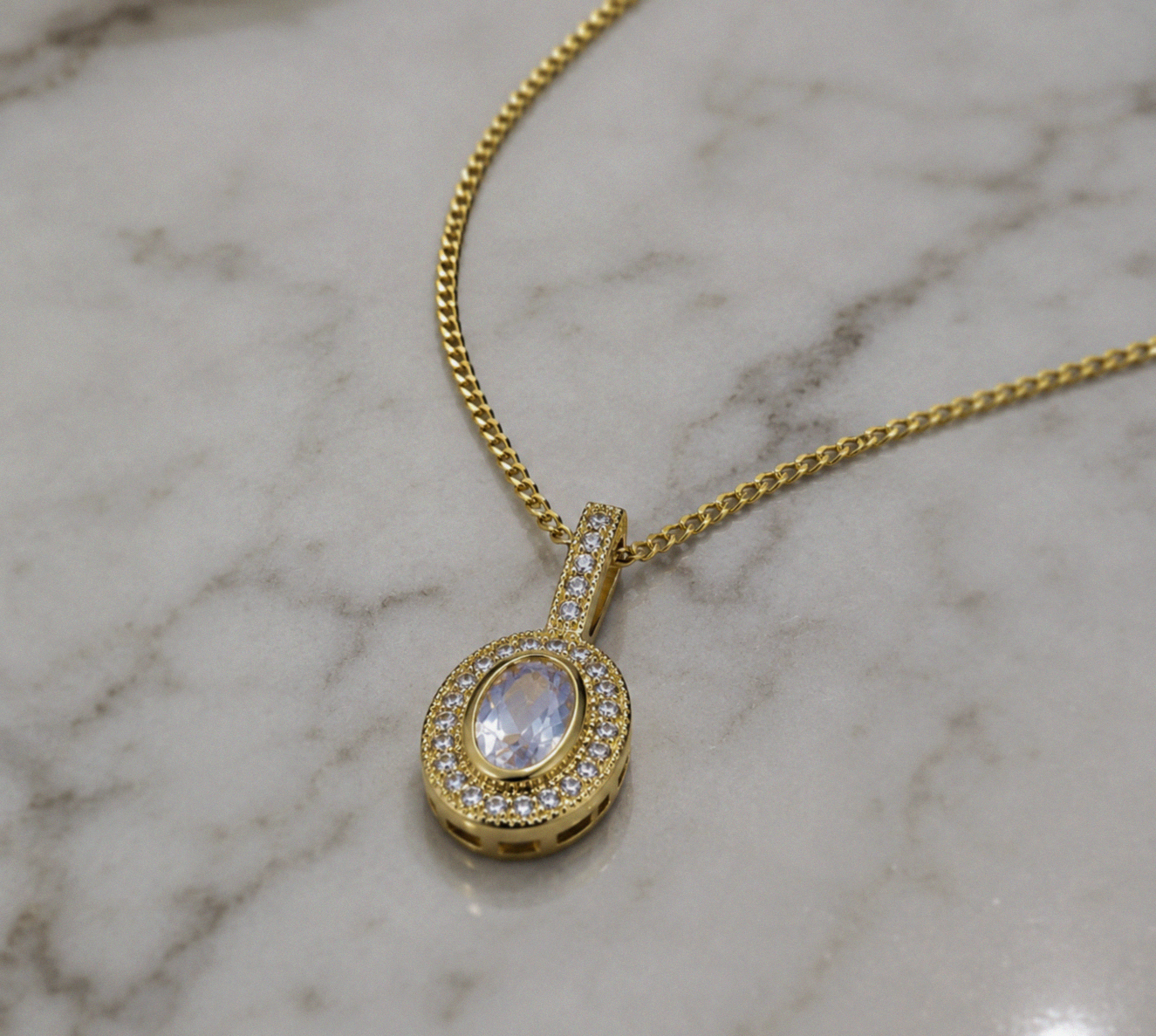 9ct Yellow Gold Blue Moonstone & White Topaz Necklace