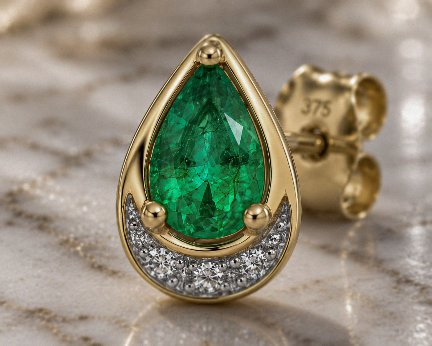 Teardrop Emerald & Diamond Stud Earrings in 9ct Yellow Gold