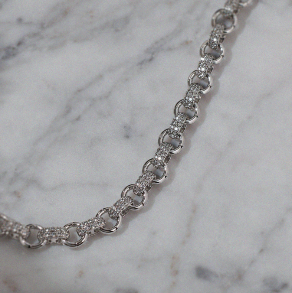 Silver Cubic Zirconia Belcher Chain 26"
