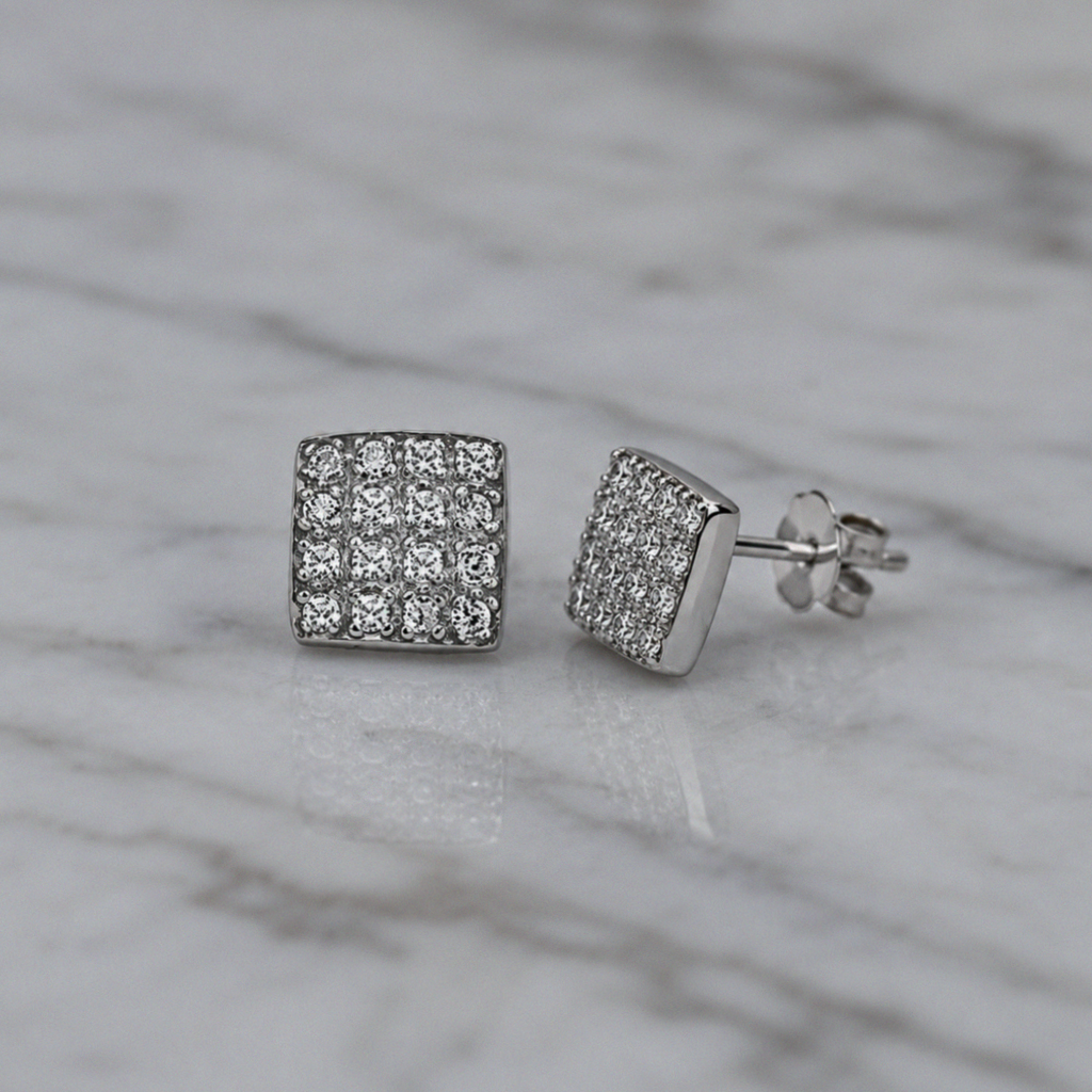 Silver Cubic Zirconia Square Stud Earrings