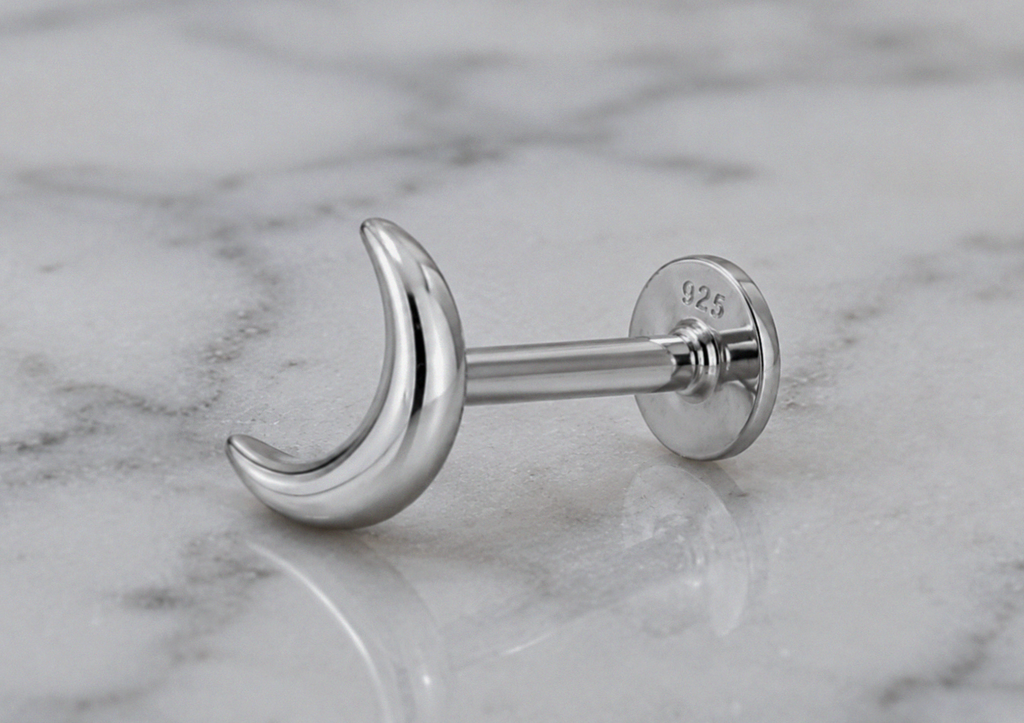 Sterling Silver Crescent Moon Labret Stud Earrings – Pair