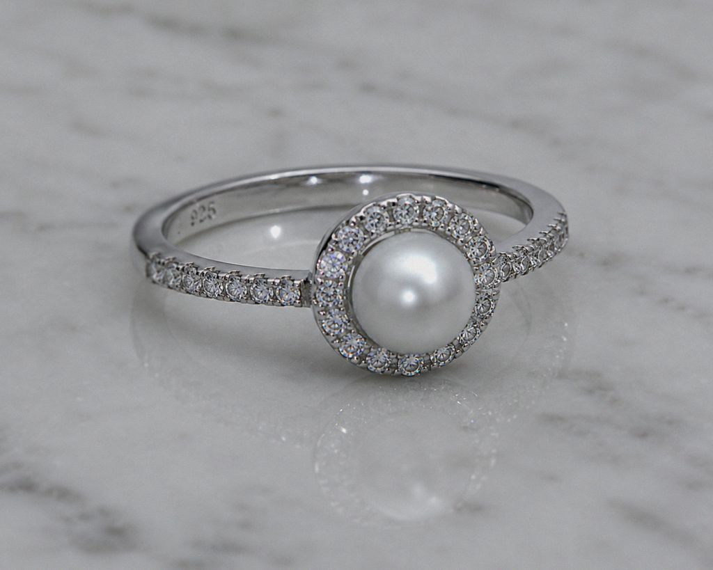 Sterling Silver Freshwater Pearl & Cubic Zirconia Halo Ring
