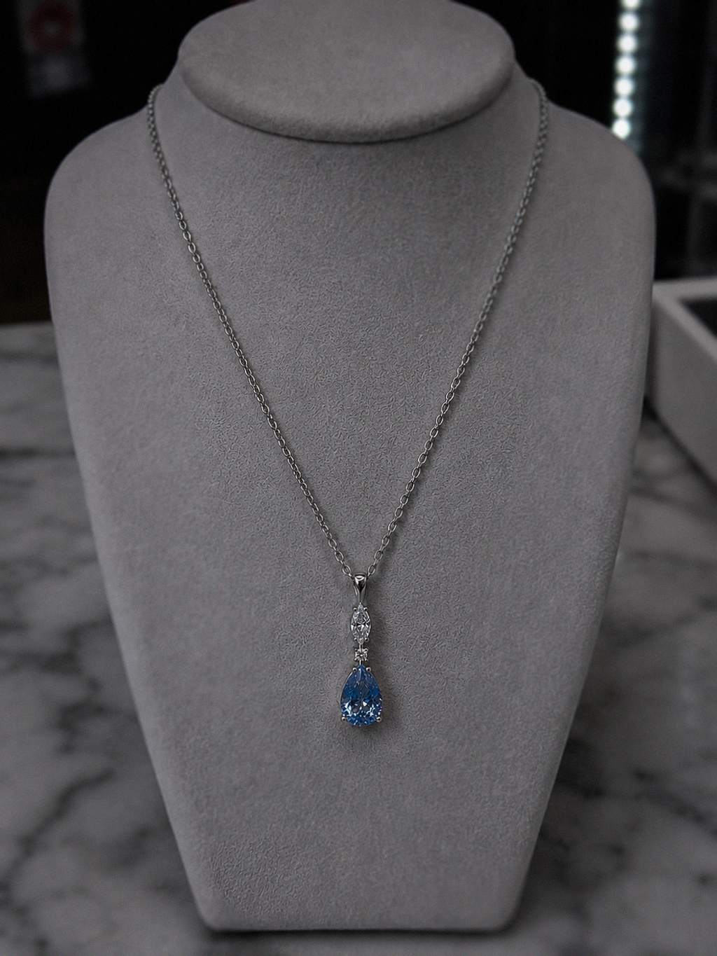 Marquise & Teardrop Blue Cubic Zirconia Pendant Necklace – Sterling Silver