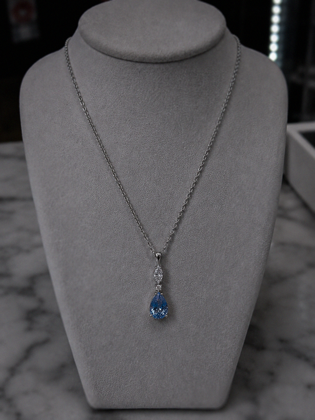 Marquise & Teardrop Blue Cubic Zirconia Pendant Necklace – Sterling Silver