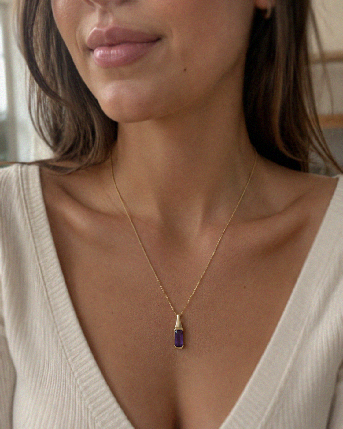 9ct Yellow Gold Elongated Amethyst Pendant Necklace
