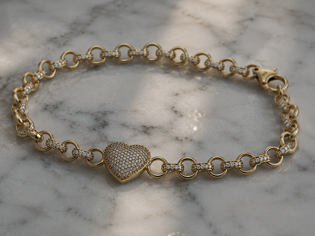 9ct Yellow Gold CZ Heart Belcher Bracelet – 6.5“