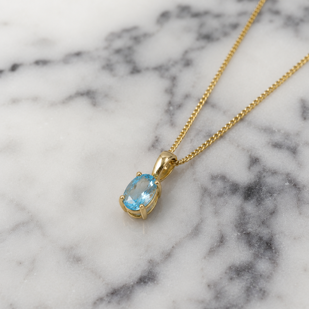 9ct Yellow Gold Swiss Blue Topaz Oval Pendant Necklace