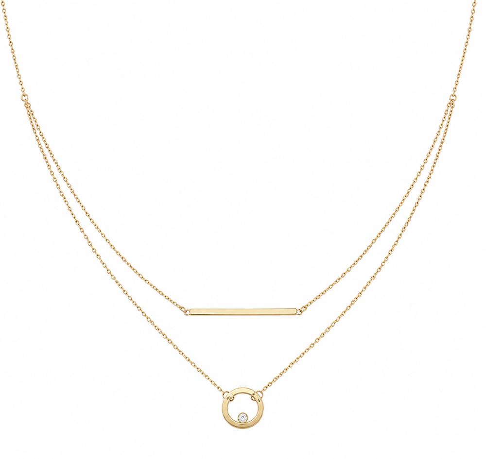 9ct Yellow Gold Bar and Circle Layered Necklace 17.5 Inch