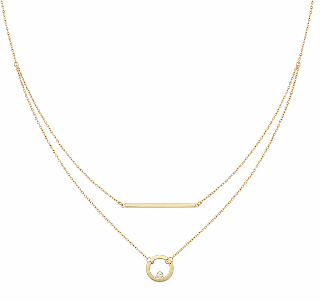 9ct Yellow Gold Bar and Circle Layered Necklace 17.5 Inch