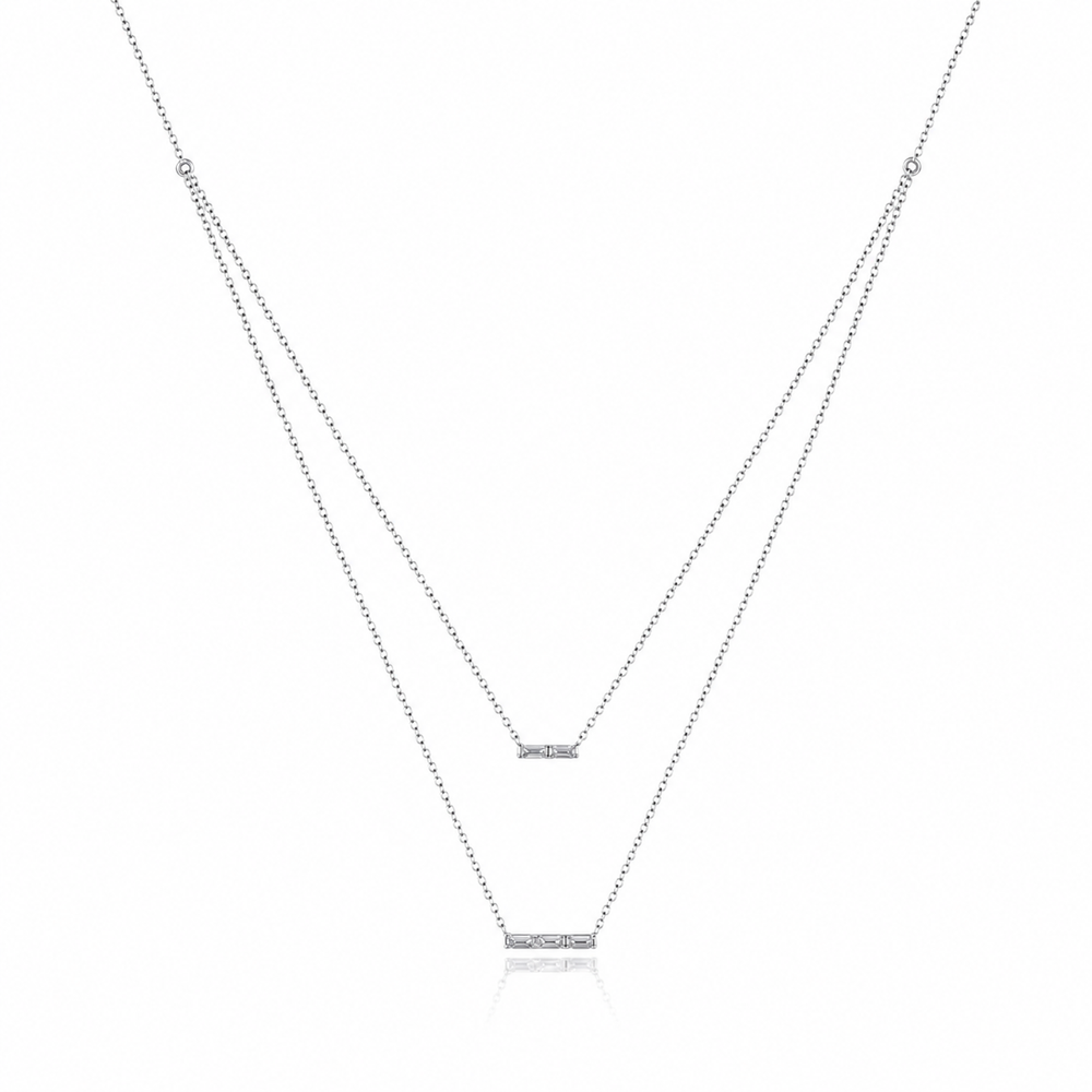 Sterling Silver Cubic Zirconia Double Layer Bar Necklace