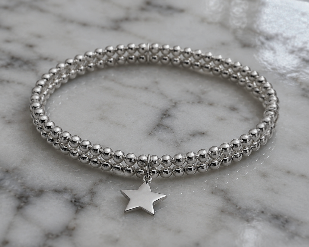 Double Row Stretch Bracelet with Star Charm – Sterling Silver