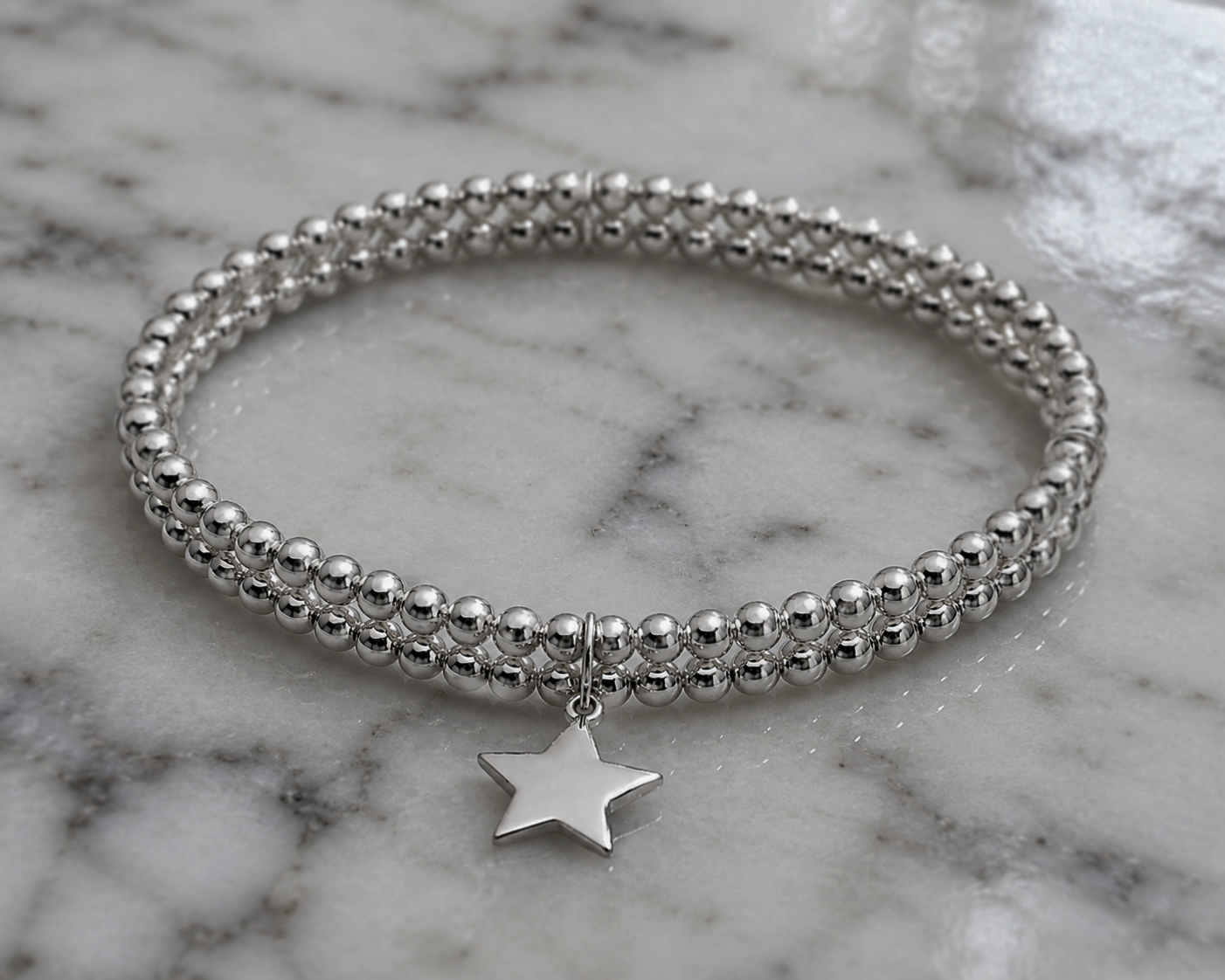 Double Row Stretch Bracelet with Star Charm – Sterling Silver