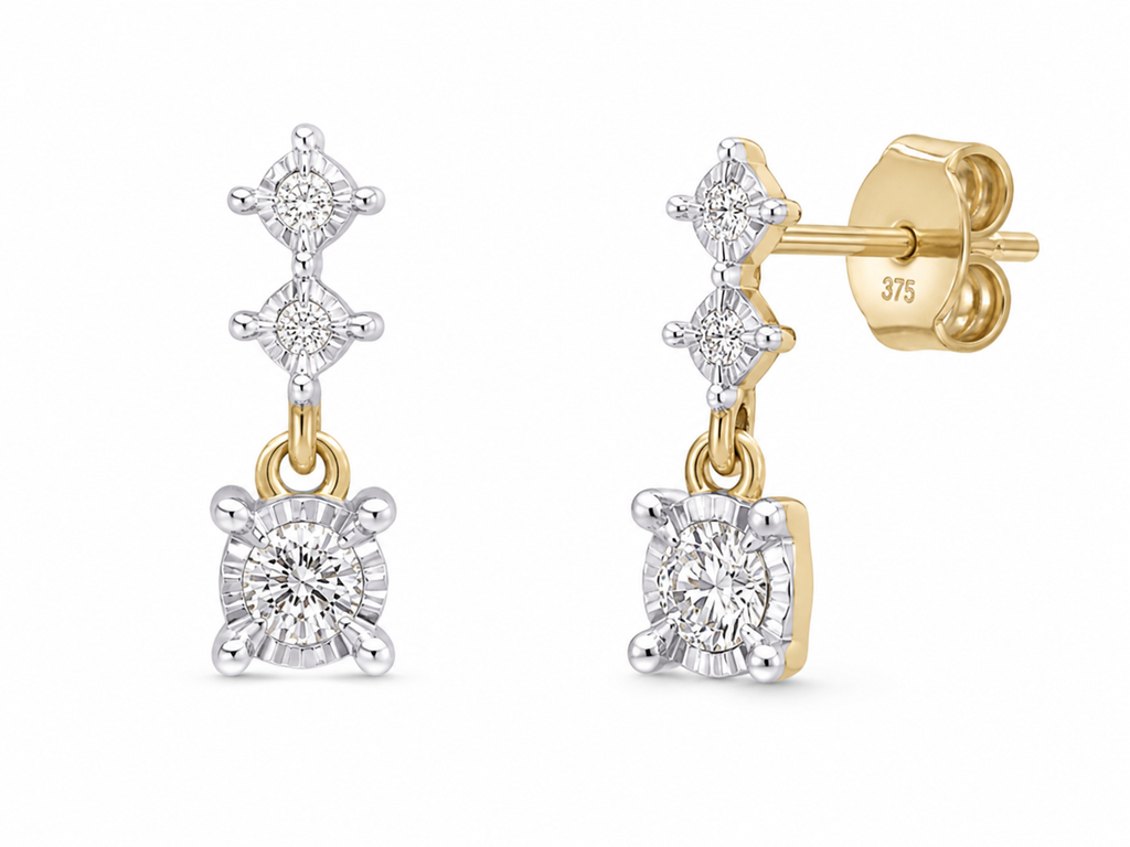 9ct Yellow Gold Diamond Trilogy Drop Earrings (0.20ct Total)