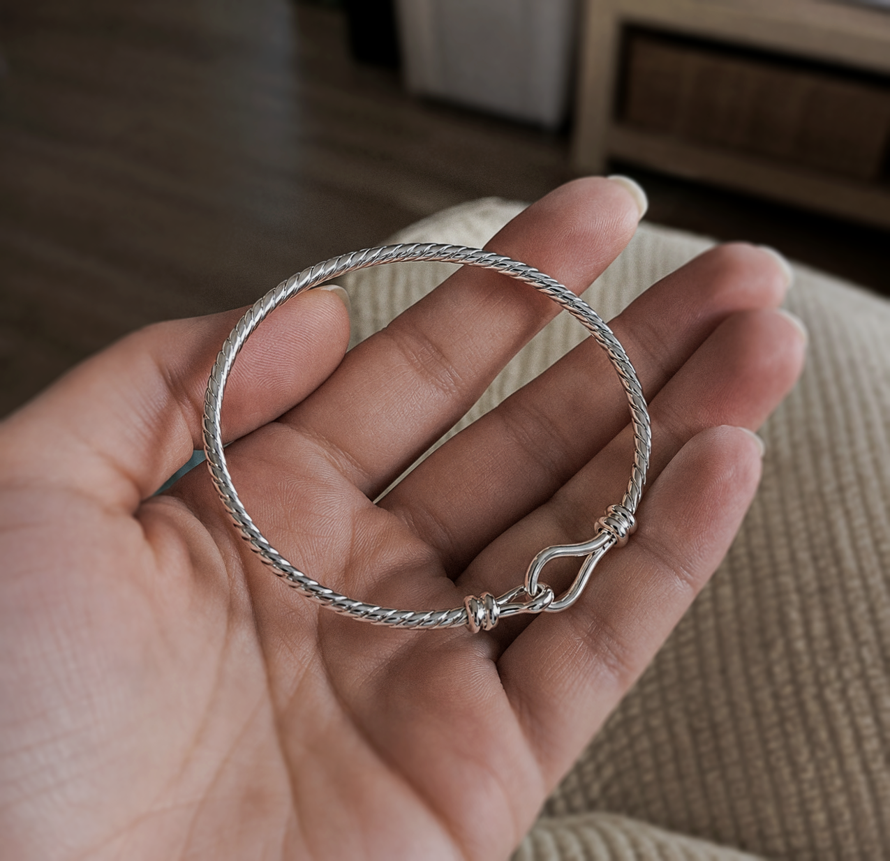 Sterling Silver Twisted Baby Bangle – Classic Hook Design