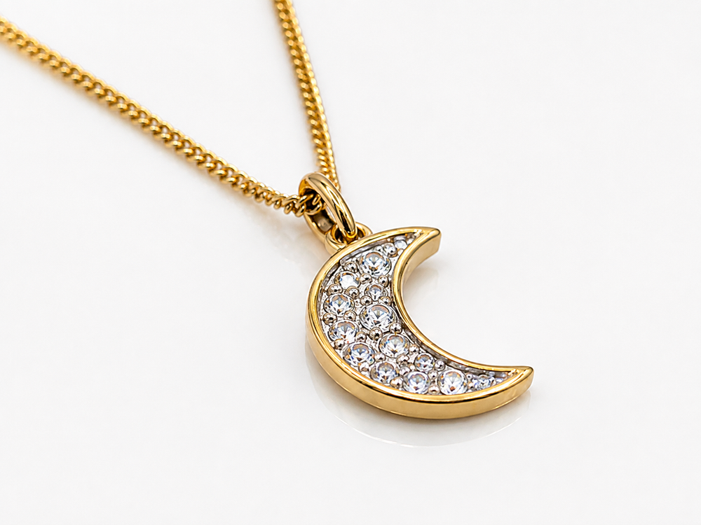 9ct Yellow Gold Diamond Crescent Moon Necklace