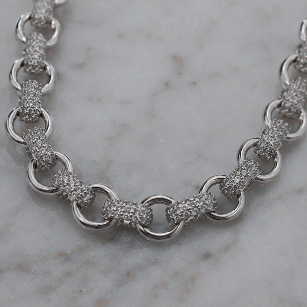 Silver Cubic Zirconia Belcher Chain 26"