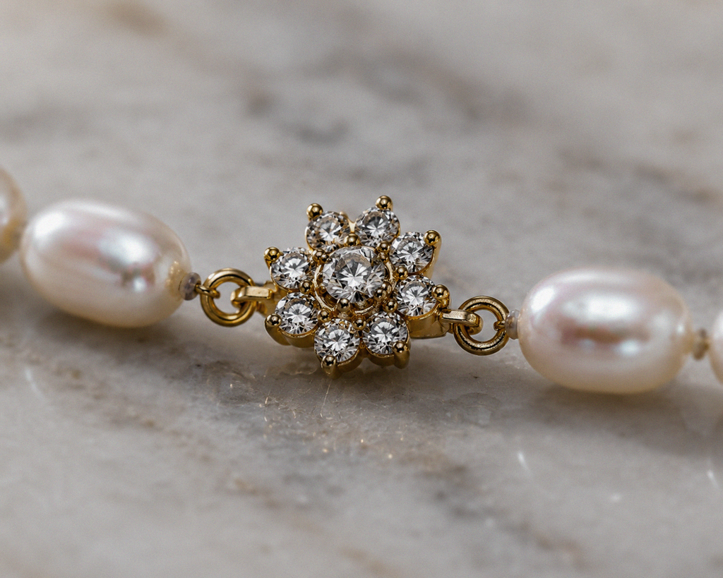 Seed Pearl & Diamond Flower Bracelet in 9ct Yellow Gold