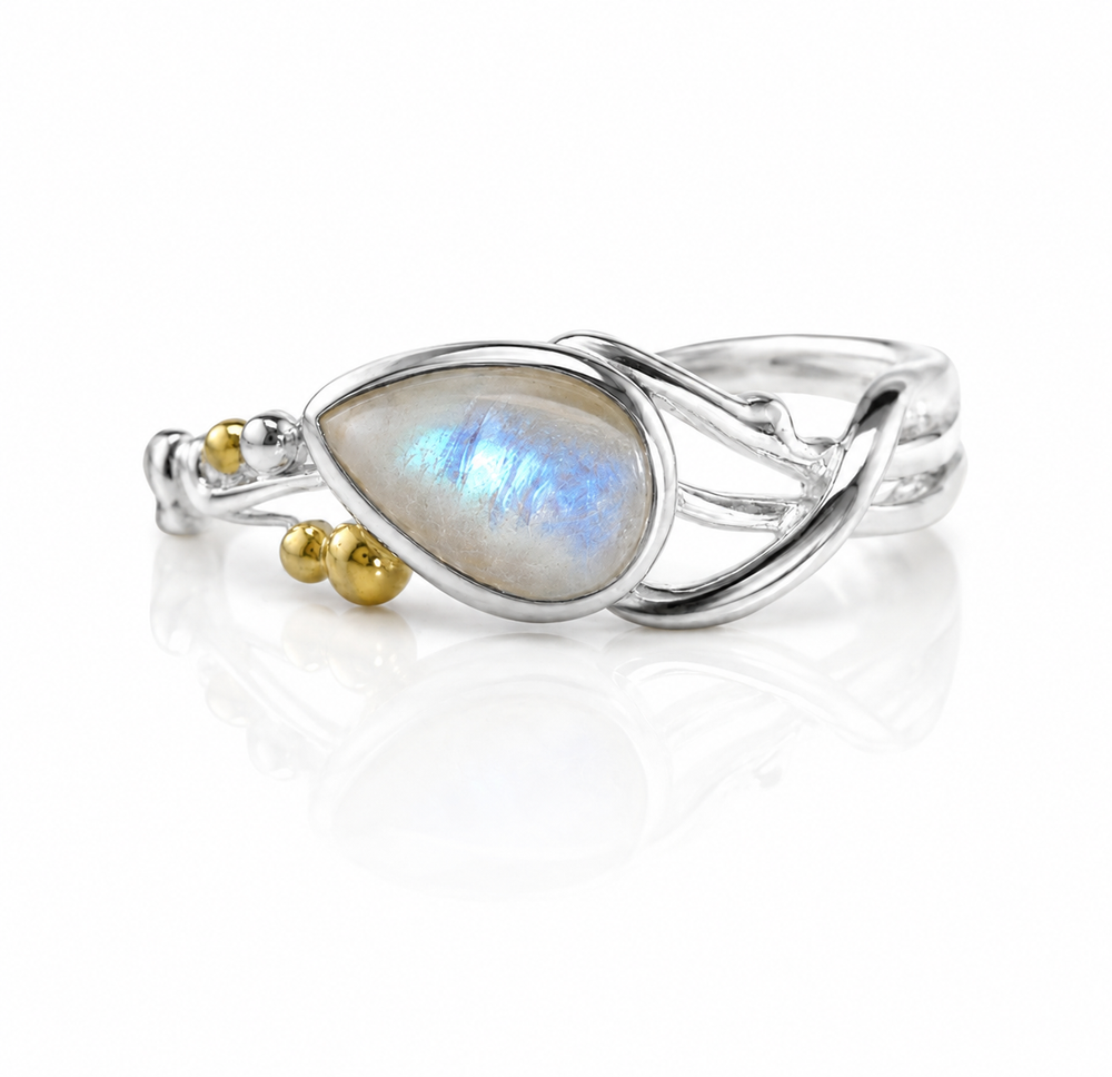 Banyan Sterling Silver Teardrop Rainbow Moonstone Ring