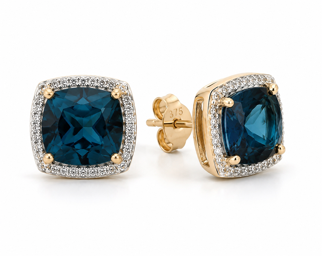 London Blue Topaz & Diamond Earrings in 9ct Gold.