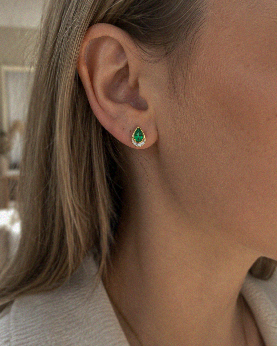Teardrop Emerald & Diamond Stud Earrings in 9ct Yellow Gold