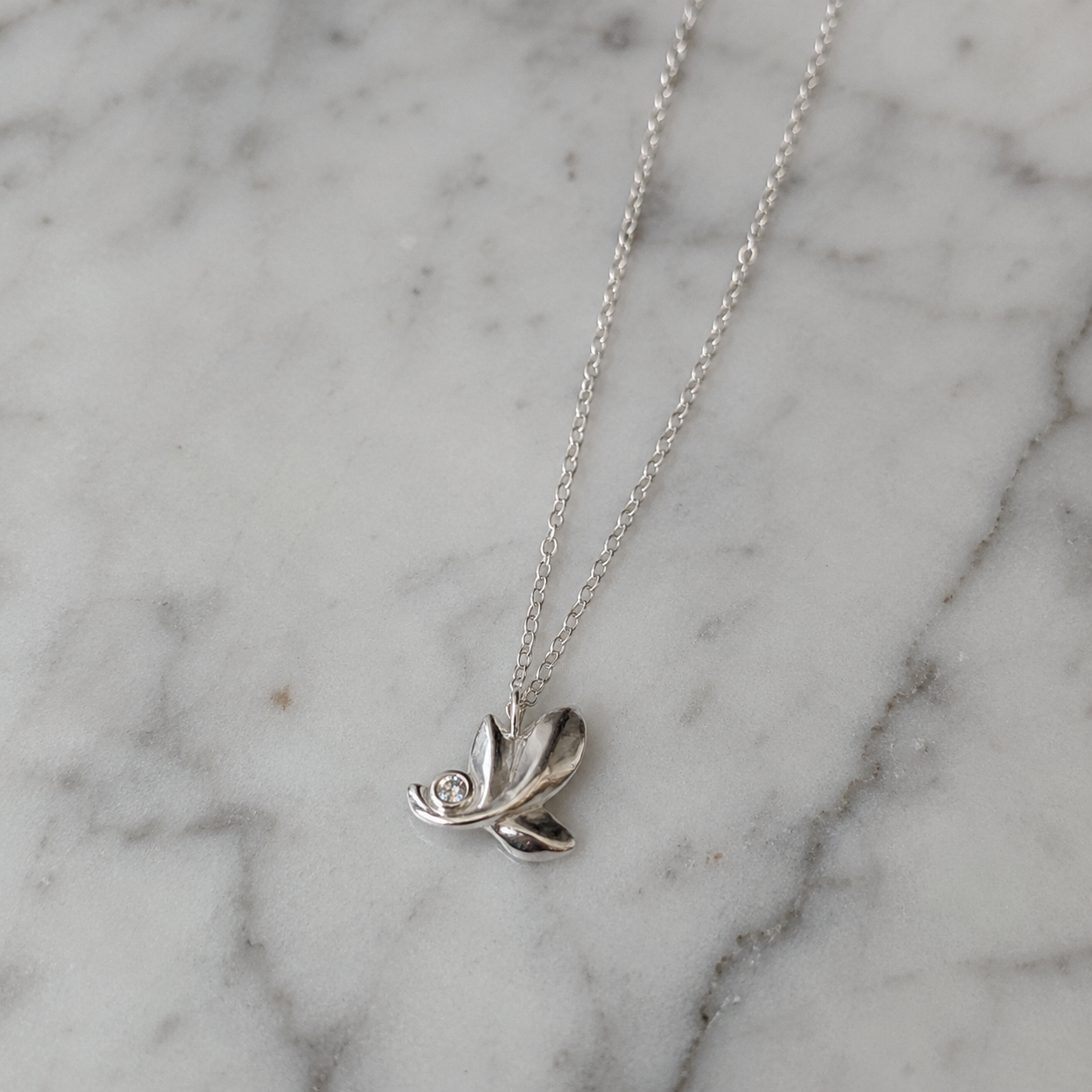Sterling Silver Leaf Necklace With Natural Diamond
