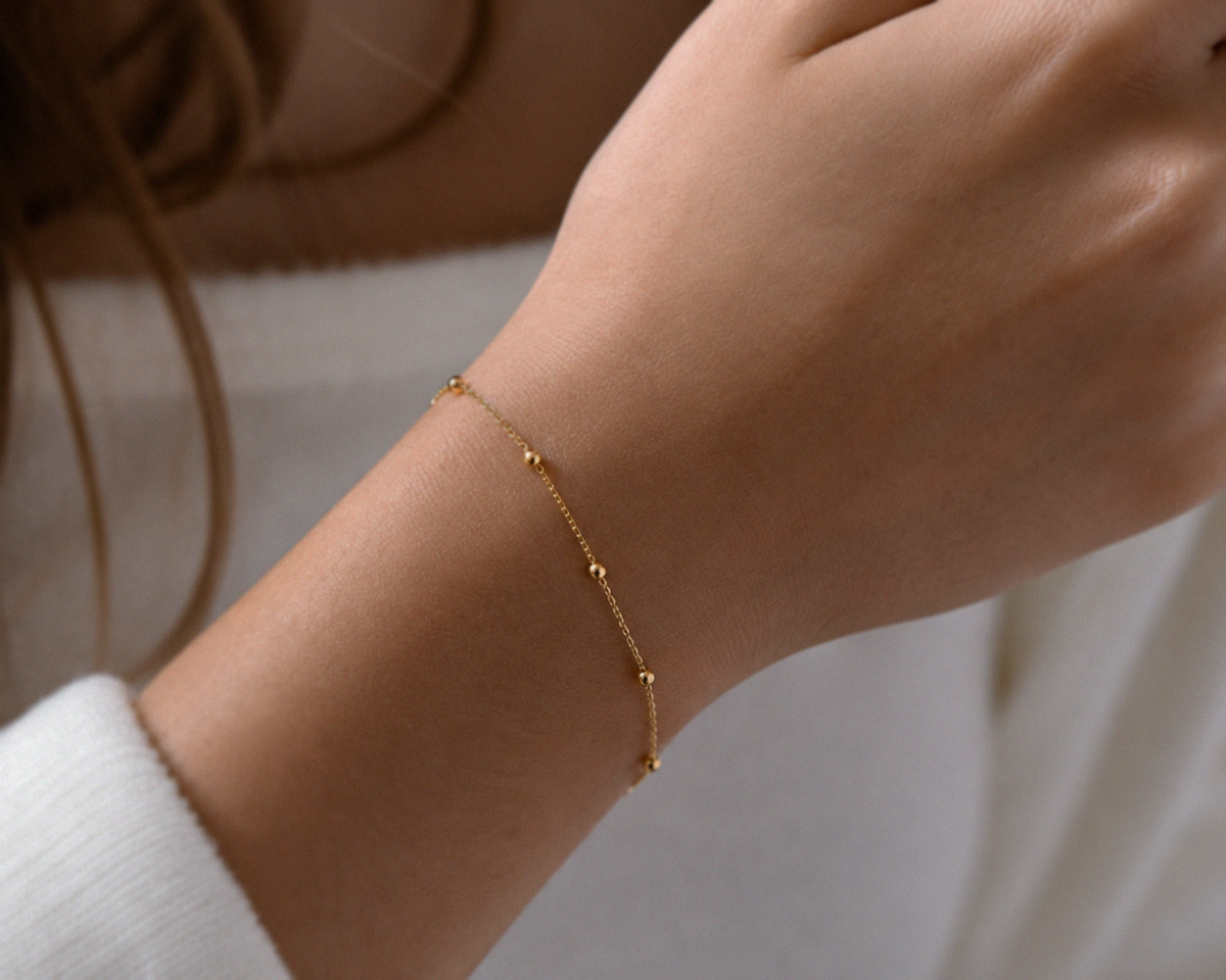 9ct Gold Ball Station Charm Bracelet - 2mm