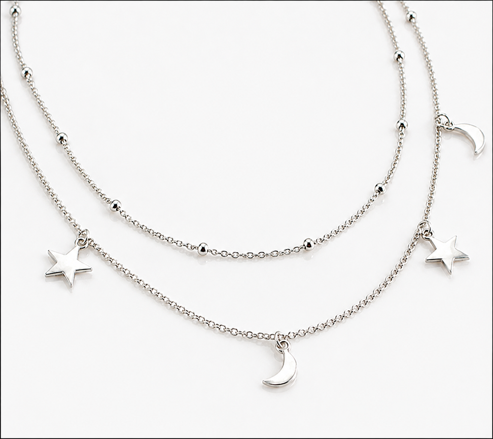 Sterling Silver Star & Moon Double Row Necklace