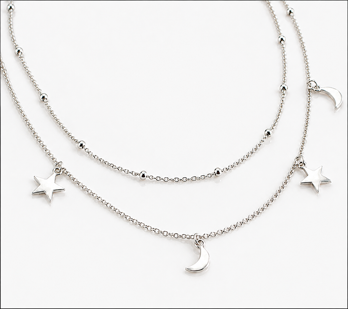 Sterling Silver Star & Moon Double Row Necklace