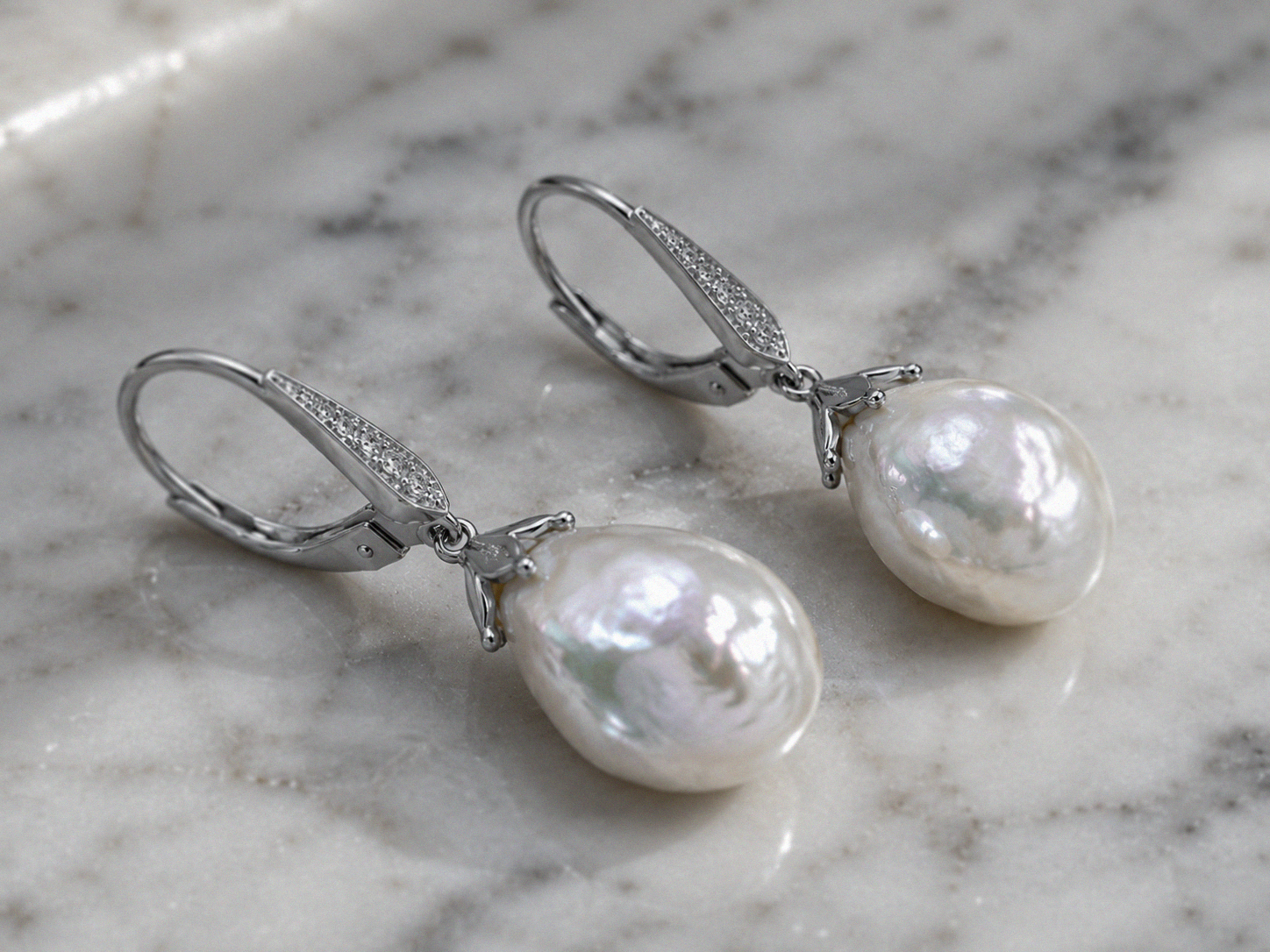 9ct White Gold Baroque Pearl & White Topaz Drop Earrings