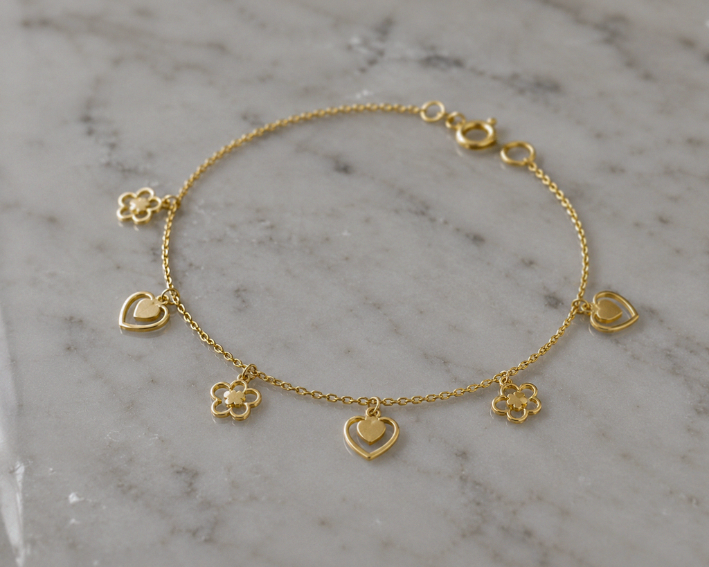 9ct Gold Heart & Flower Charm Bracelet - Delicate Charm Bracelet in Yellow Gold.