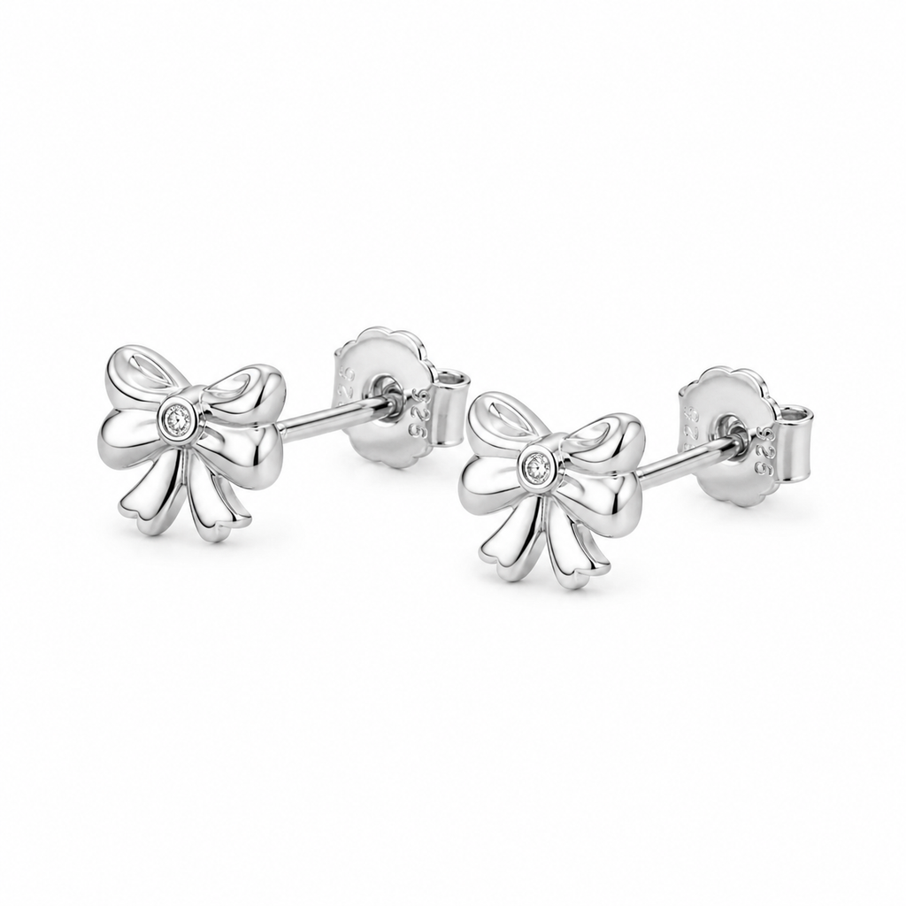 Diamond Bow Stud Earrings in Sterling Silver