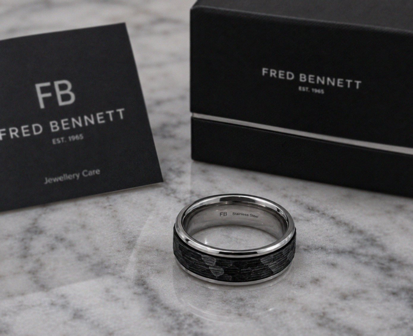 Fred Bennett Stainless Steel Black Faceted Spinner Ring