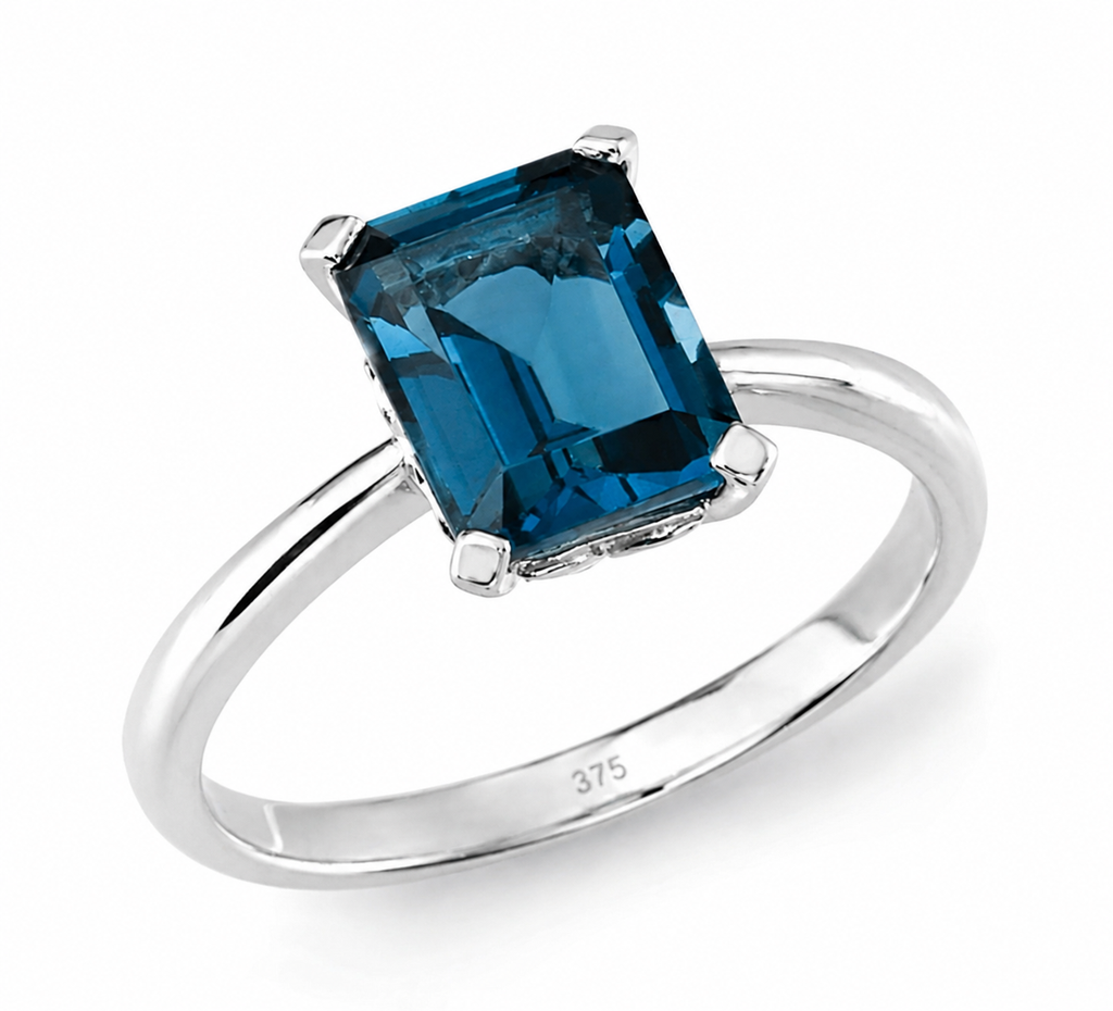 9ct White Gold Rectangle London Blue Topaz Ring