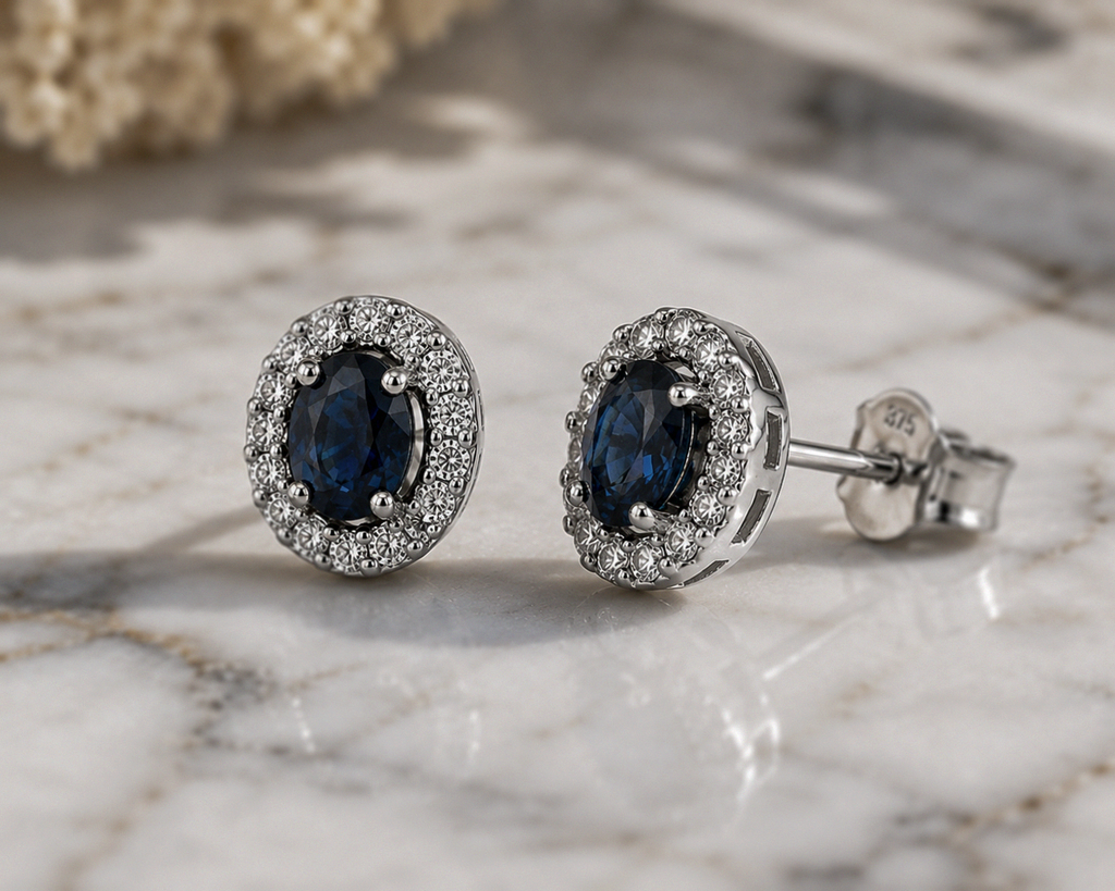 Blue Sapphire & Diamond Cluster Stud Earrings in 9ct White Gold