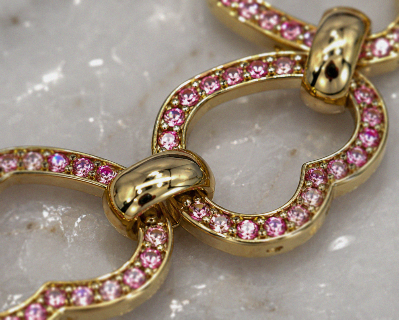 9ct Yellow Gold Pink Cubic Zirconia Heart Belcher Bracelet 7.5 Inch
