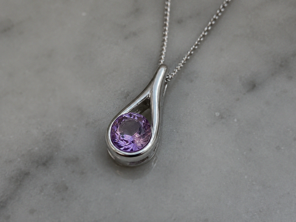 Sterling Silver Natural Amethyst Teardrop Pendant Necklace
