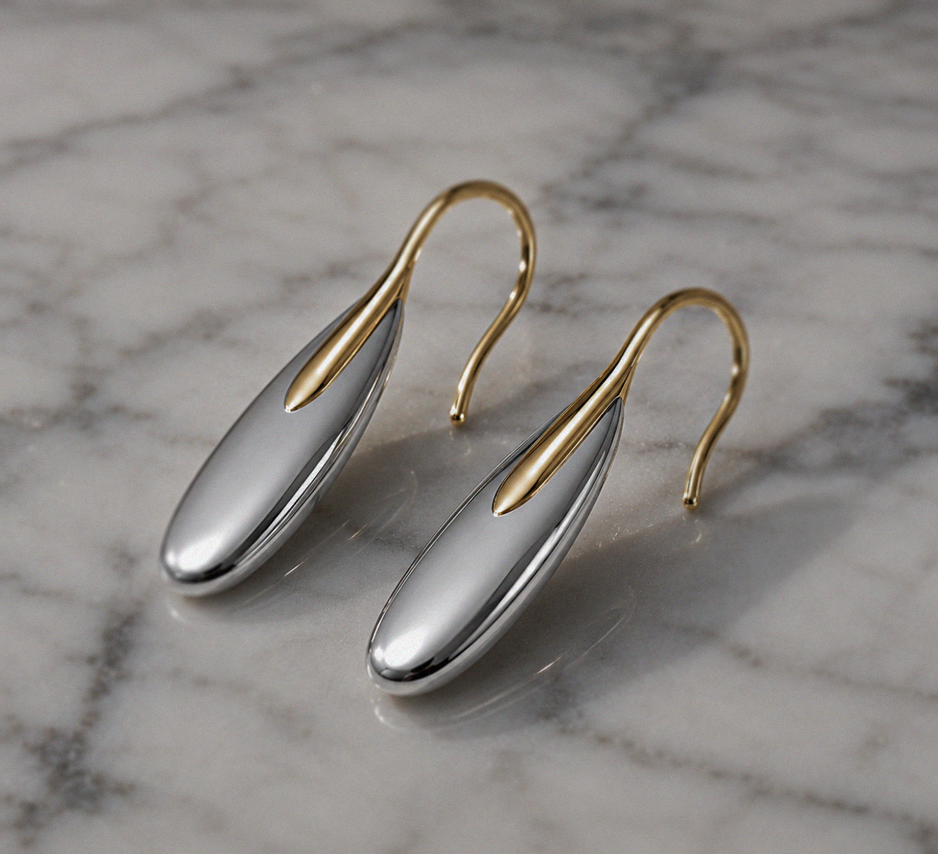 Elongated Pebble Drop Earrings in Sterling Silver with Yellow Gold Plating