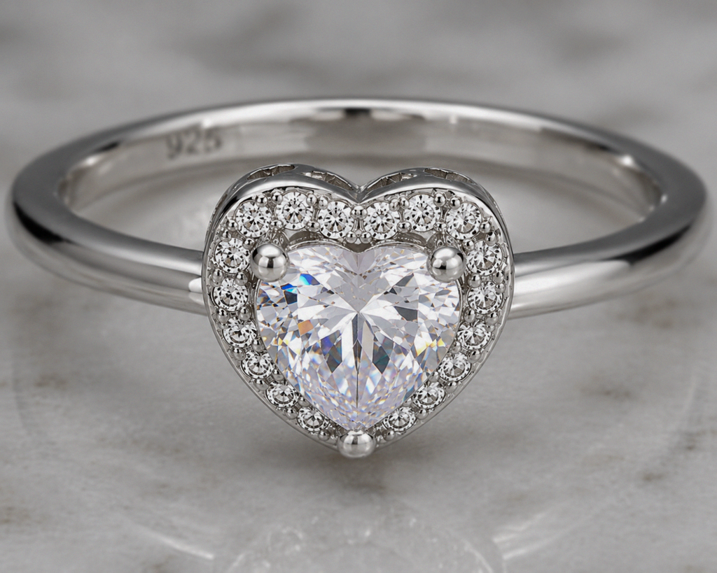 Sterling Silver Cubic Zirconia Heart Halo Ring