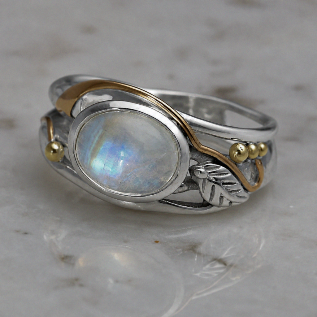 Sterling Silver Rainbow Moonstone Leaf Ring