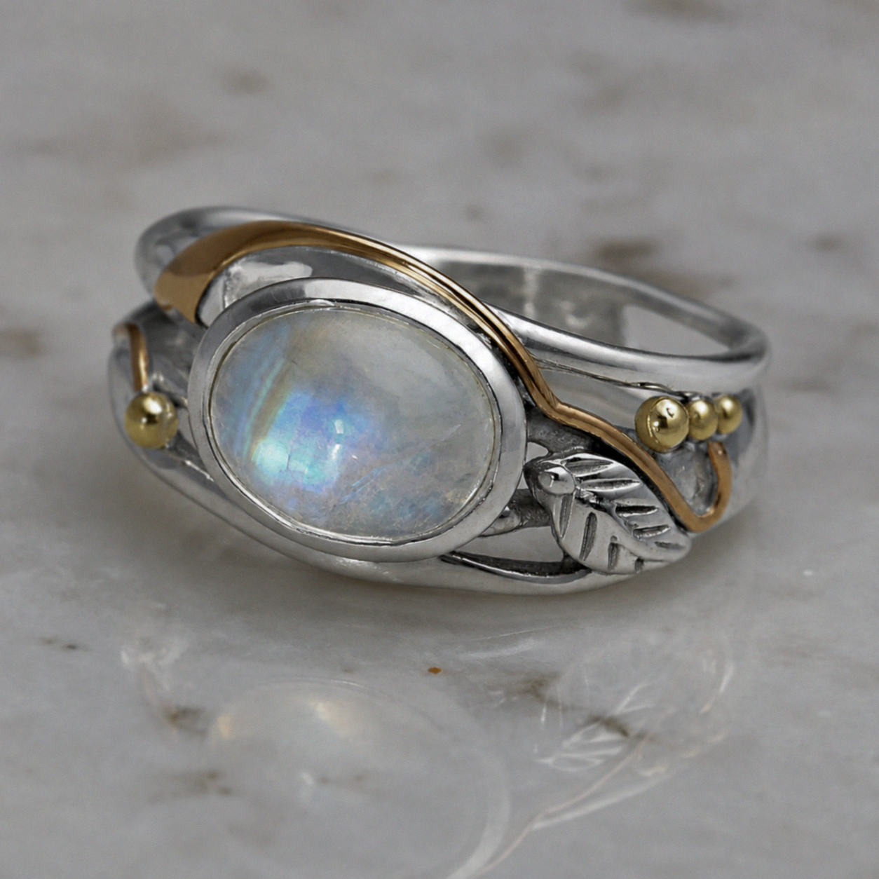Sterling Silver Rainbow Moonstone Leaf Ring