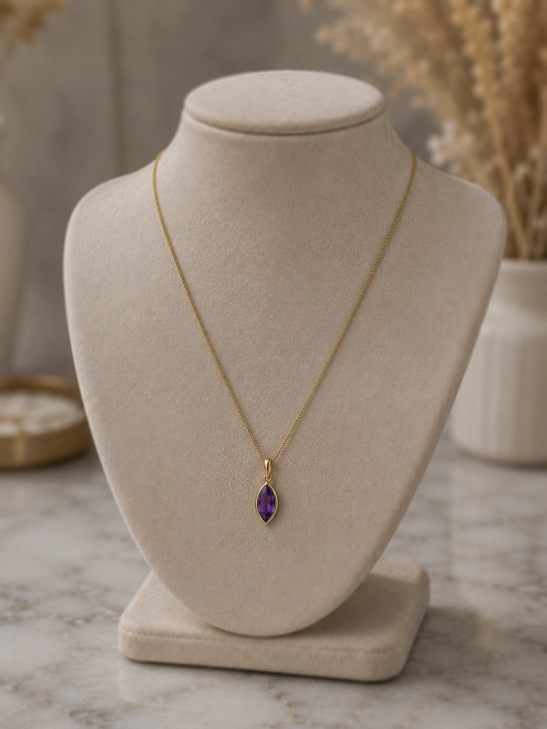 9ct Yellow Gold Flame Cut Amethyst Pendant Necklace