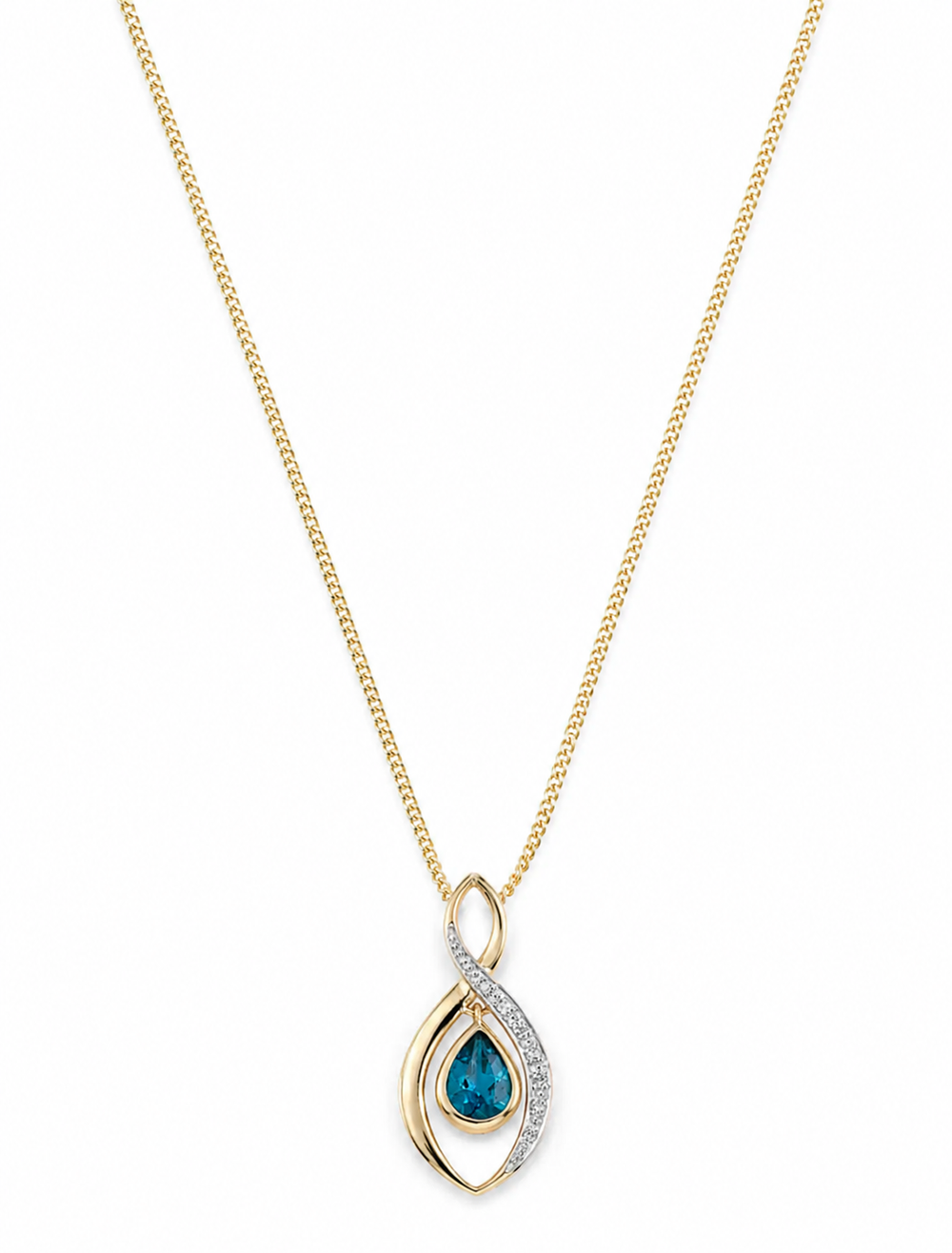 9ct Yellow Gold London Blue Topaz & Diamond Pendant Necklace