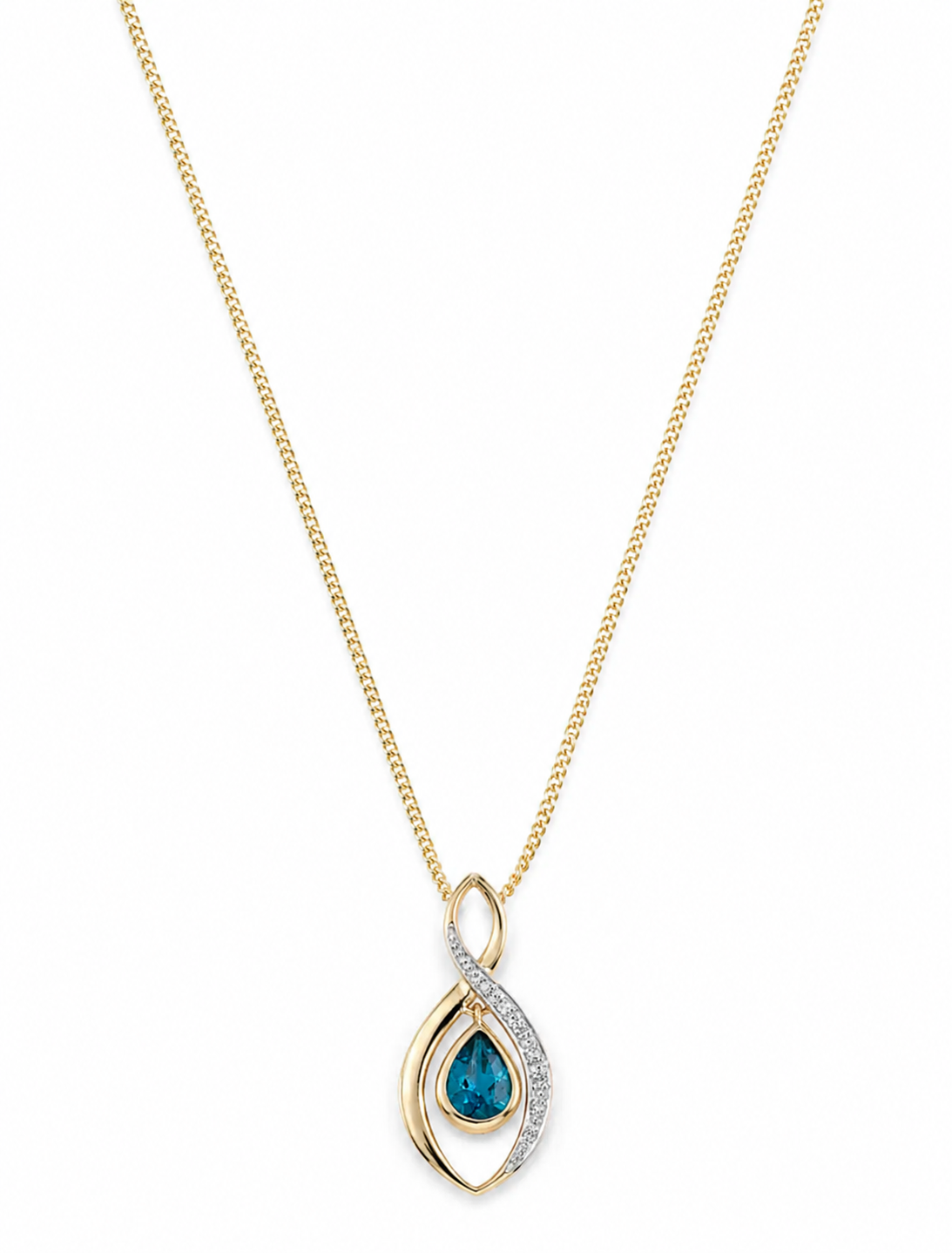 9ct Yellow Gold London Blue Topaz & Diamond Pendant Necklace