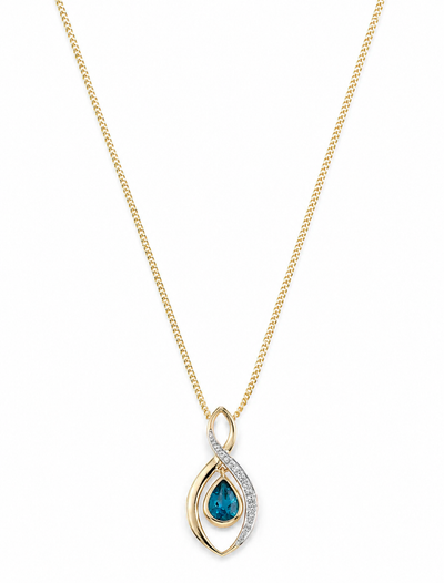 9ct Yellow Gold London Blue Topaz & Diamond Pendant Necklace